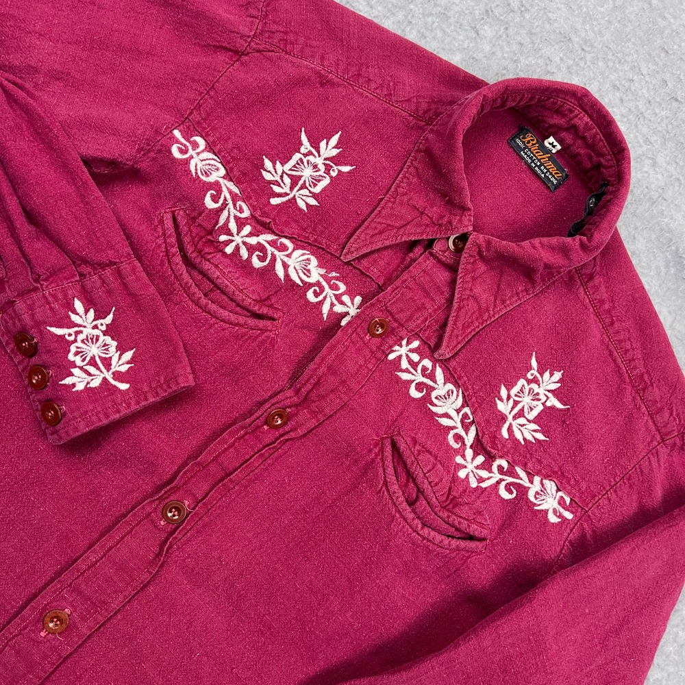 VTG Brahma Western Shirt Men's Medium Red Floral Smile‎ Pocket Cowboy Button Up